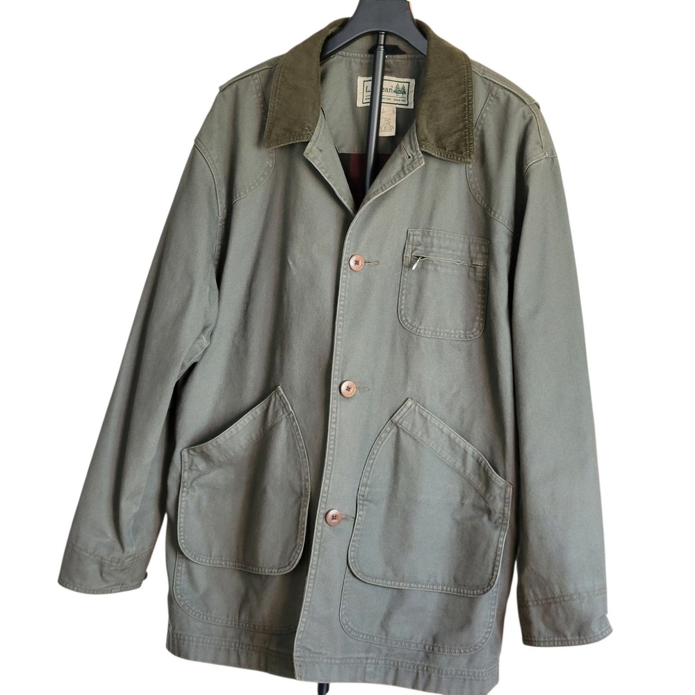 LL Bean Original Field Coat Mens Large Green Chore Jacket Blanket Flannel Lining